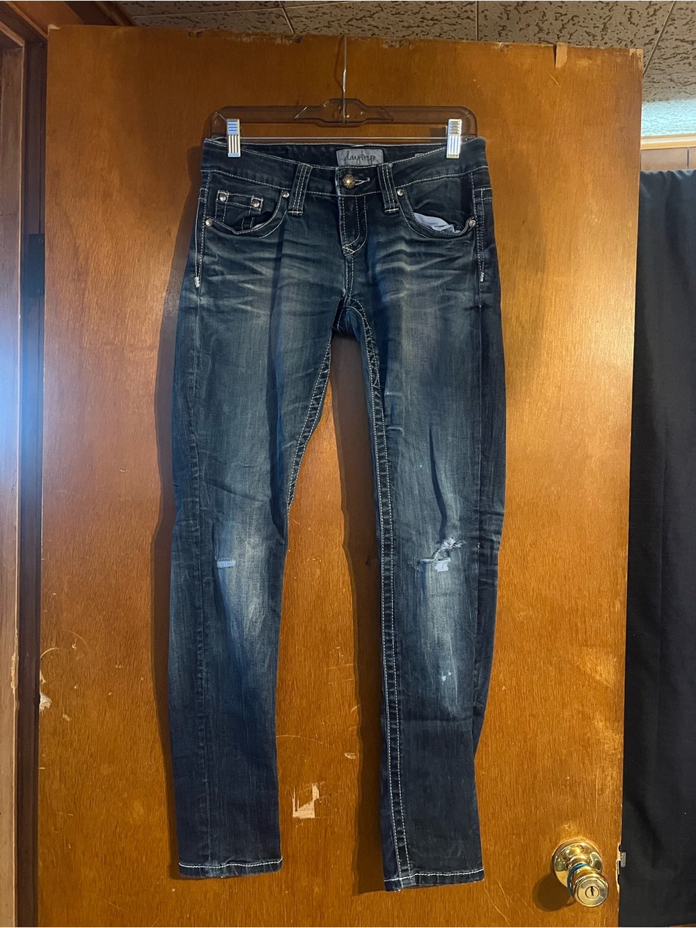 Daytrip Womens Dark Wash Skinny Jeans with Subtle Distressing